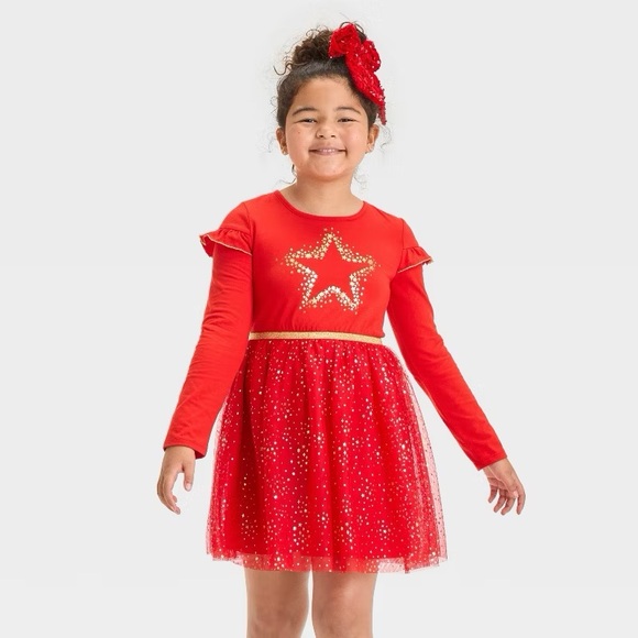 Girls' Long Sleeve Holiday 'Star' Tulle Dress nwt Red - Picture 1 of 3